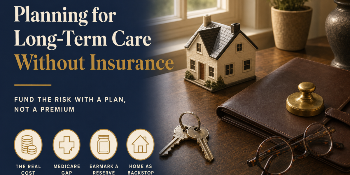 Editorial title card reading Planning for Long-Term Care Without Insurance, with a small model house, house keys, a leather folder and reading glasses on a sunlit side table.