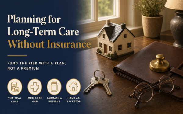 Editorial title card reading Planning for Long-Term Care Without Insurance, with a small model house, house keys, a leather folder and reading glasses on a sunlit side table.