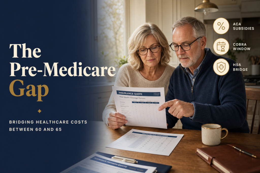 The Pre-Medicare Gap: Bridging Healthcare Costs Between 60 and 65 1 Editorial title card: The Pre-Medicare Gap — bridging healthcare costs between 60 and 65, with ACA, COBRA, and HSA callouts