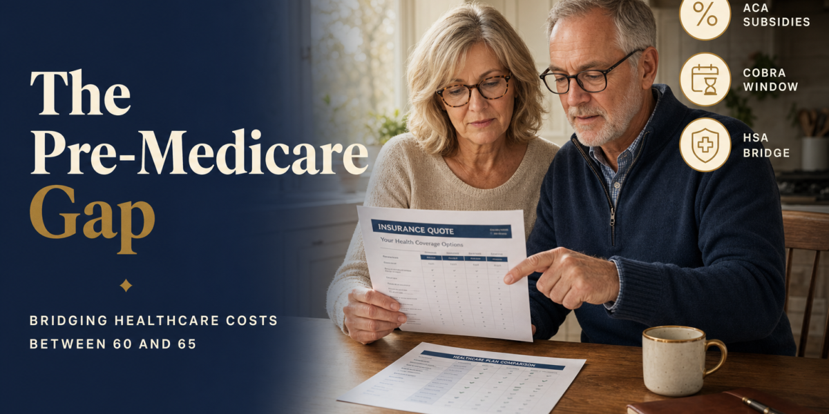 Editorial title card: The Pre-Medicare Gap — bridging healthcare costs between 60 and 65, with ACA, COBRA, and HSA callouts