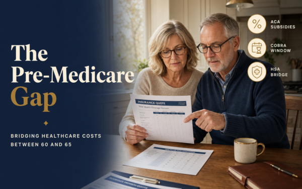 Editorial title card: The Pre-Medicare Gap — bridging healthcare costs between 60 and 65, with ACA, COBRA, and HSA callouts