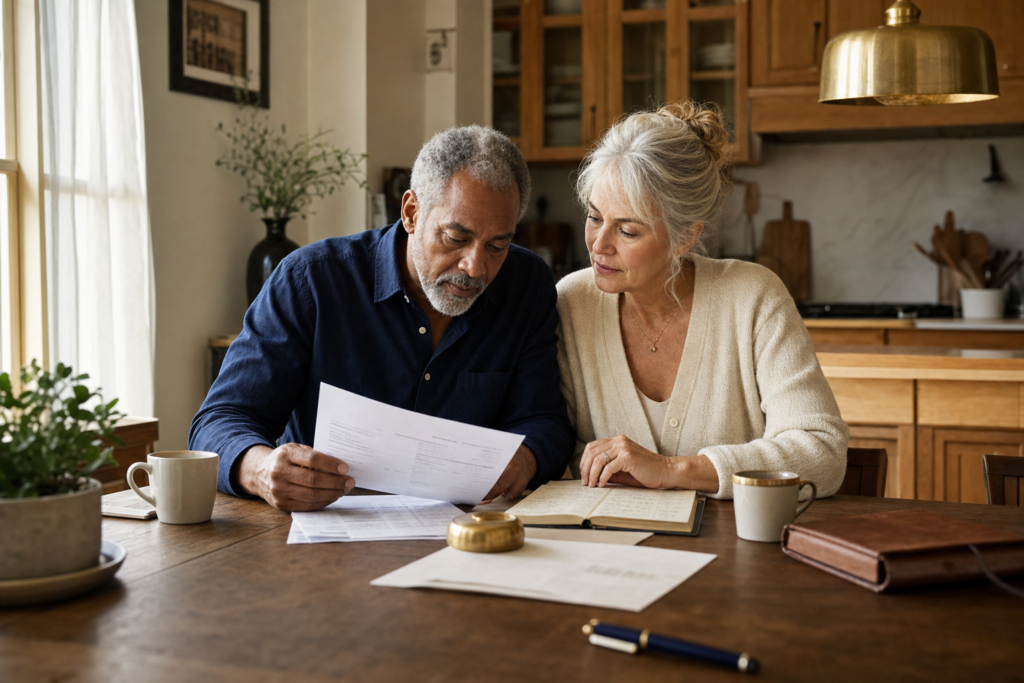 How (and When) to Refill the Now Bucket: Quarterly, Annually, or Triggered? 1 Mixed-race couple in their late 60s reviewing a quarterly account statement at a sunlit kitchen table