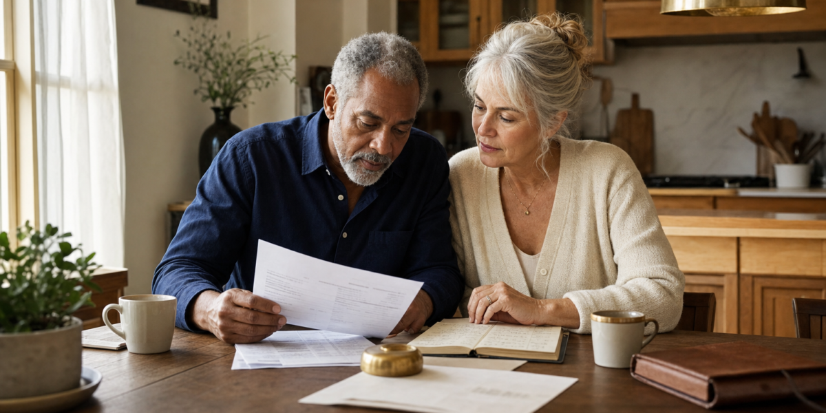 Mixed-race couple in their late 60s reviewing a quarterly account statement at a sunlit kitchen table