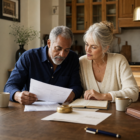 Mixed-race couple in their late 60s reviewing a quarterly account statement at a sunlit kitchen table