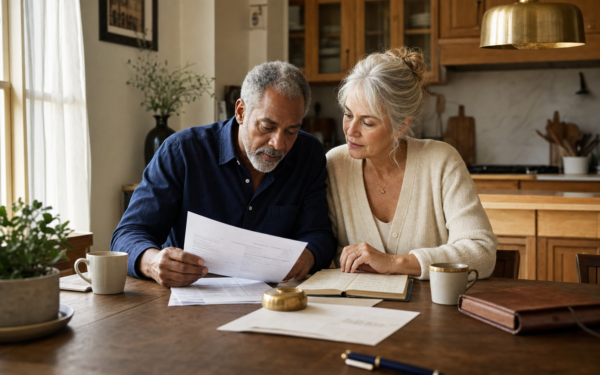 Mixed-race couple in their late 60s reviewing a quarterly account statement at a sunlit kitchen table