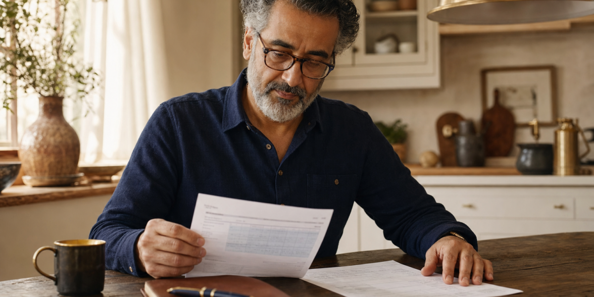 A man in his early 60s sitting at a sunlit kitchen table reviewing a Social Security statement and tax planning worksheet