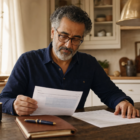 A man in his early 60s sitting at a sunlit kitchen table reviewing a Social Security statement and tax planning worksheet