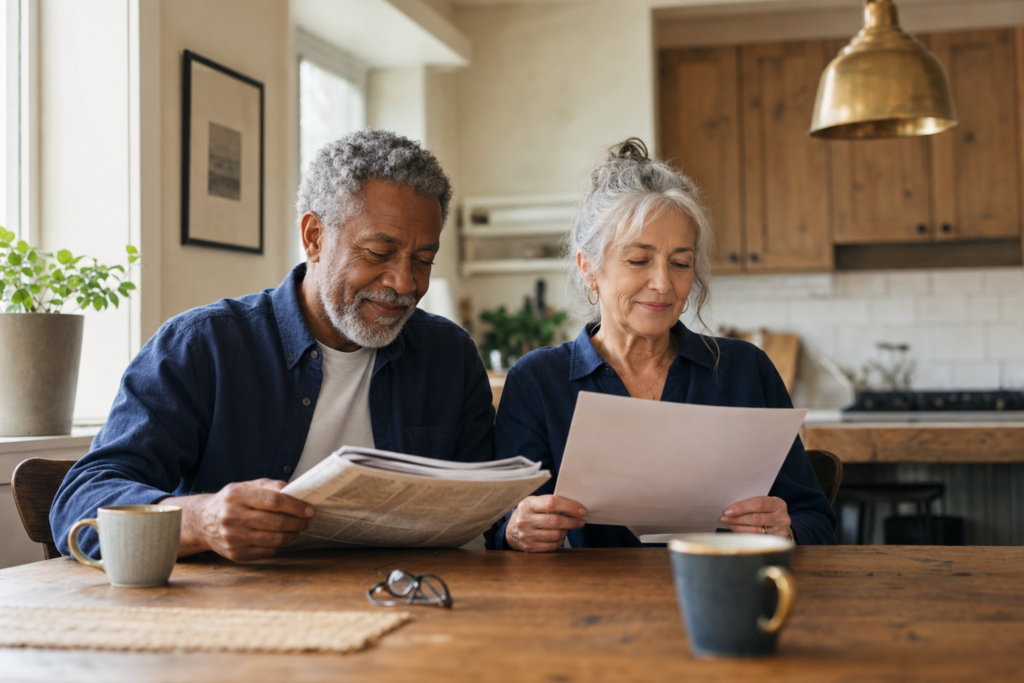 A mixed-race couple in their late sixties reading the morning paper and a printed page at a sunlit kitchen table, calm and unhurried