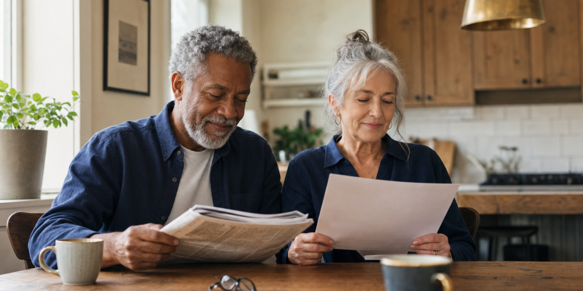 A mixed-race couple in their late sixties reading the morning paper and a printed page at a sunlit kitchen table, calm and unhurried