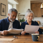 A mixed-race couple in their late sixties reading the morning paper and a printed page at a sunlit kitchen table, calm and unhurried