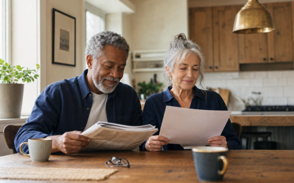 A mixed-race couple in their late sixties reading the morning paper and a printed page at a sunlit kitchen table, calm and unhurried