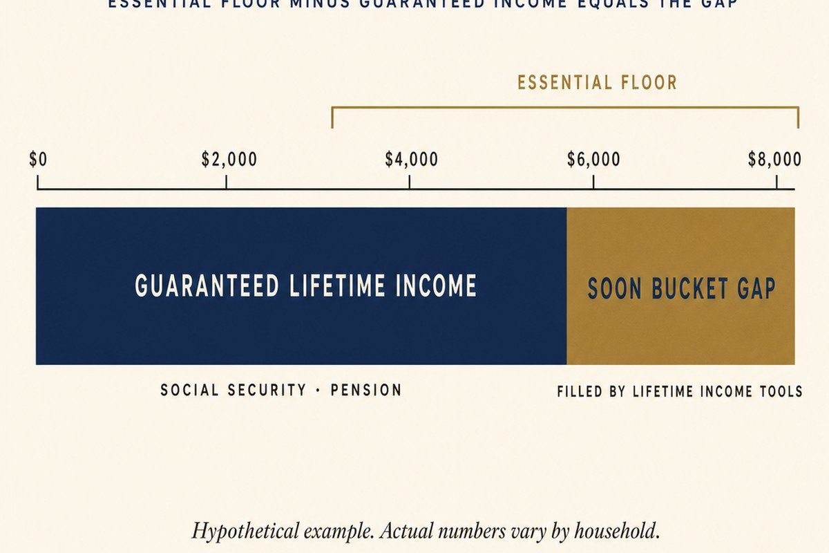 Editorial infographic showing the essential expense floor split into a guaranteed lifetime income segment and a Soon Bucket gap segment