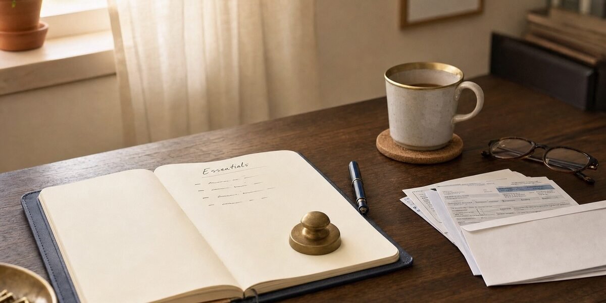 A leather-bound notebook open to a page headed Essentials, with a brass paperweight, navy fountain pen, and brass-rimmed coffee mug on a wooden desk in soft morning light