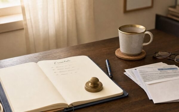 A leather-bound notebook open to a page headed Essentials, with a brass paperweight, navy fountain pen, and brass-rimmed coffee mug on a wooden desk in soft morning light