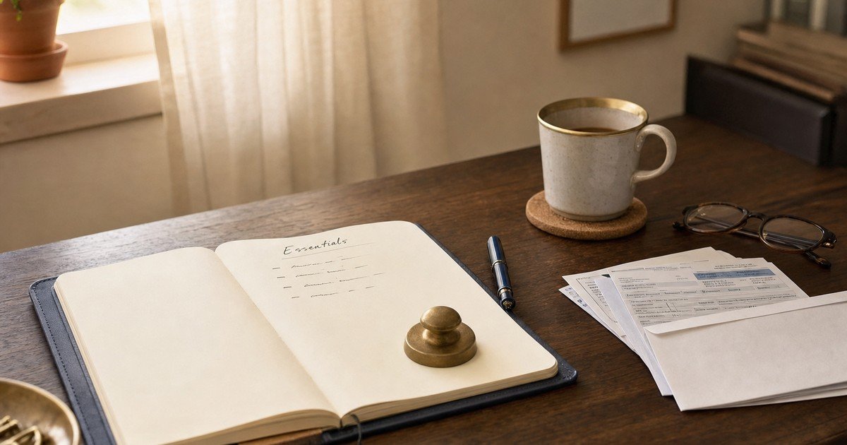 A leather-bound notebook open to a page headed Essentials, with a brass paperweight, navy fountain pen, and brass-rimmed coffee mug on a wooden desk in soft morning light