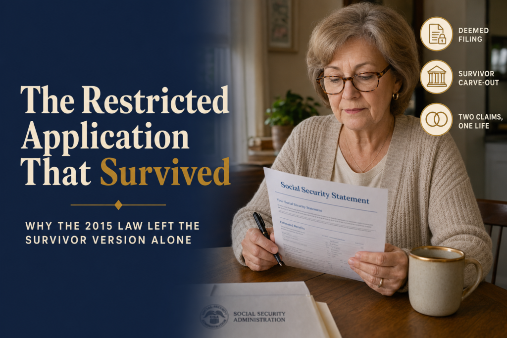 The Social Security Restricted Application That Most People Think Is Dead — But Still Works for Widows and Widowers 1 Editorial title card: The Social Security Restricted Application That Survived — why the 2015 law left the survivor version alone