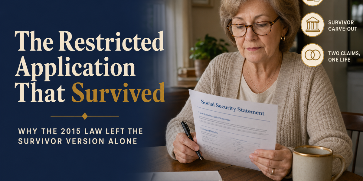 Editorial title card: The Social Security Restricted Application That Survived — why the 2015 law left the survivor version alone