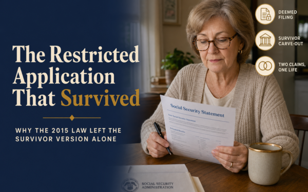 Editorial title card: The Social Security Restricted Application That Survived — why the 2015 law left the survivor version alone