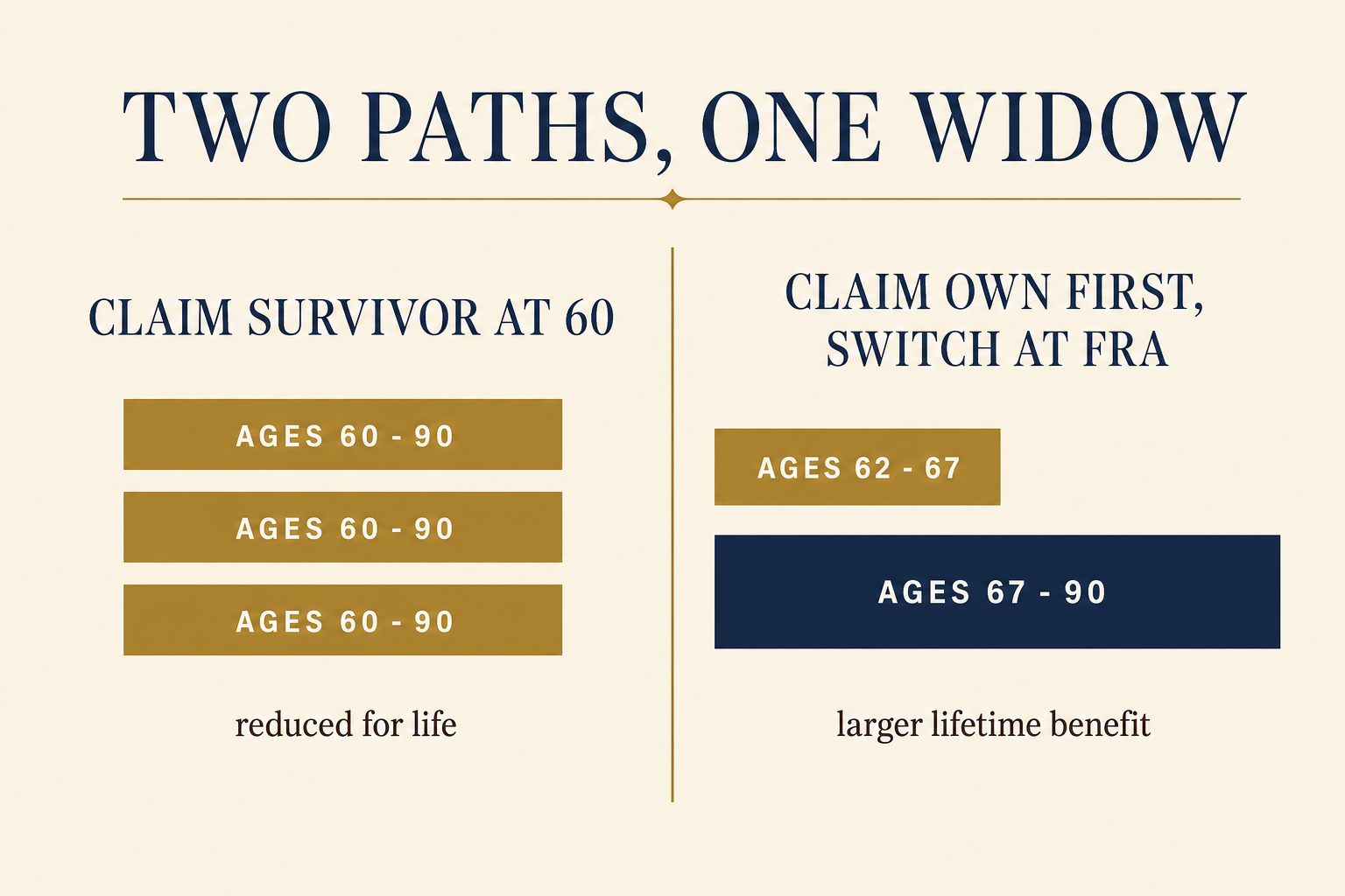 Two-column comparison of two Social Security claiming strategies for a surviving spouse: claim survivor benefit at 60 (reduced for life) vs. claim own benefit first and switch to survivor at full retirement age (larger lifetime benefit)
