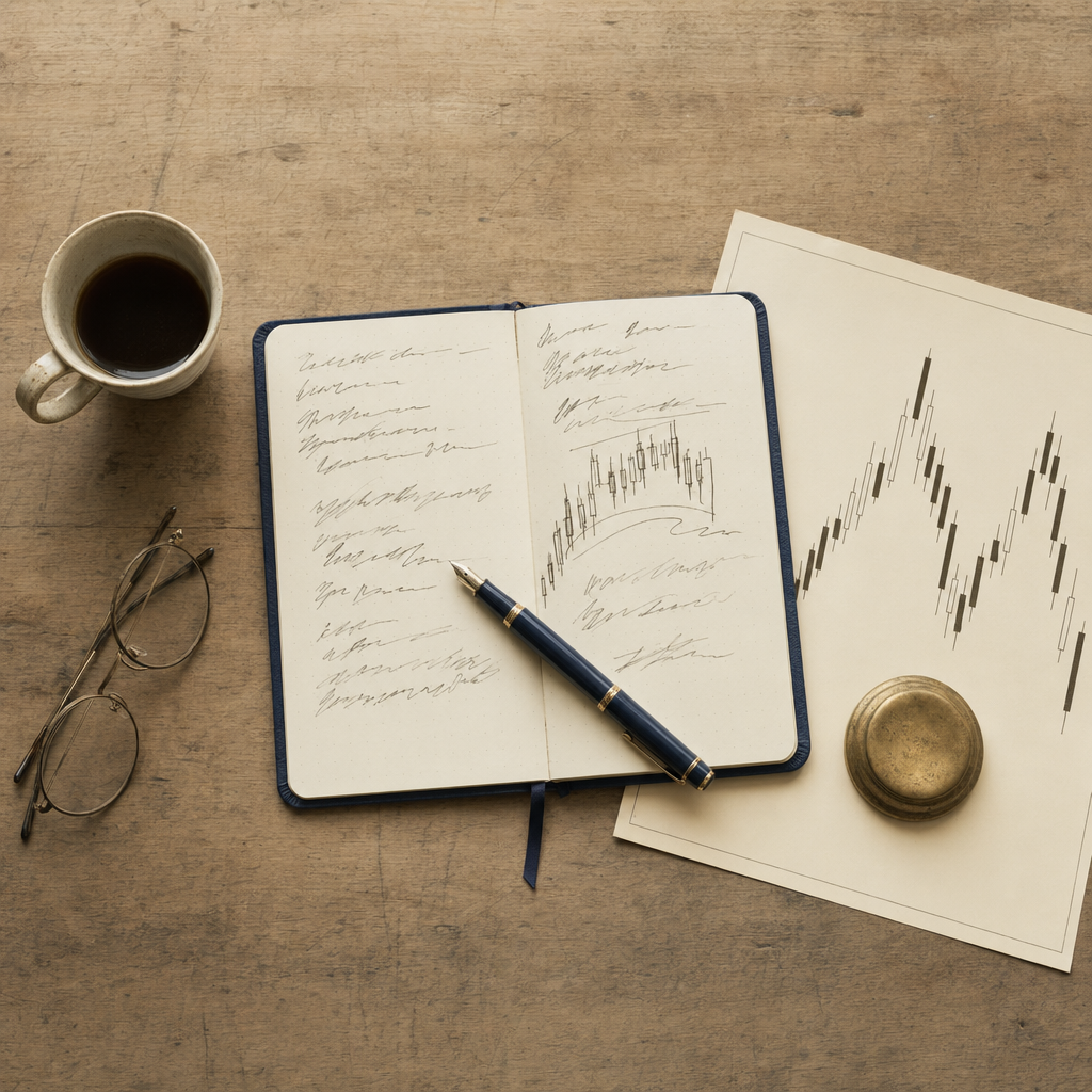 Overhead flat-lay of an open navy trading journal, fountain pen, printed candlestick chart, brass paperweight, coffee, and reading glasses on a wooden desk