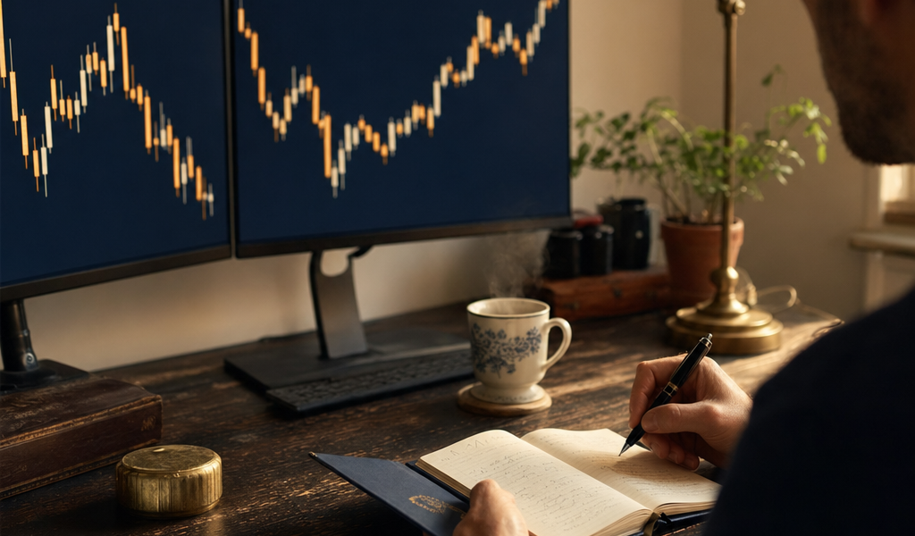 A trader at a wooden desk with two monitors showing candlestick charts, writing notes by lamp light