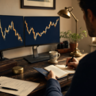 A trader at a wooden desk with two monitors showing candlestick charts, writing notes by lamp light
