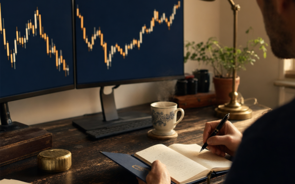 A trader at a wooden desk with two monitors showing candlestick charts, writing notes by lamp light