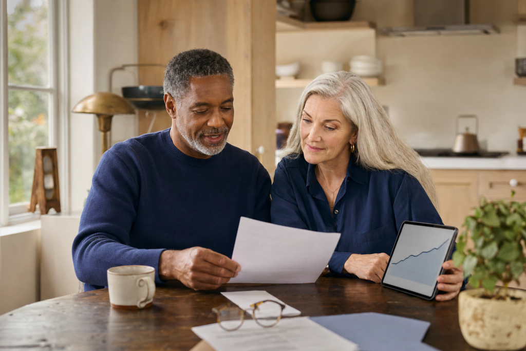 When Trading and Retirement Planning Should Never Mix 1 A mixed-race couple in their early 60s calmly reviewing a one-page retirement summary at their kitchen table