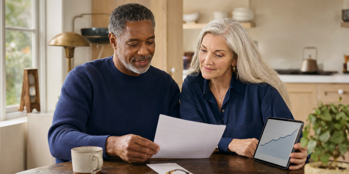A mixed-race couple in their early 60s calmly reviewing a one-page retirement summary at their kitchen table