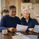 A mixed-race couple in their early 60s calmly reviewing a one-page retirement summary at their kitchen table