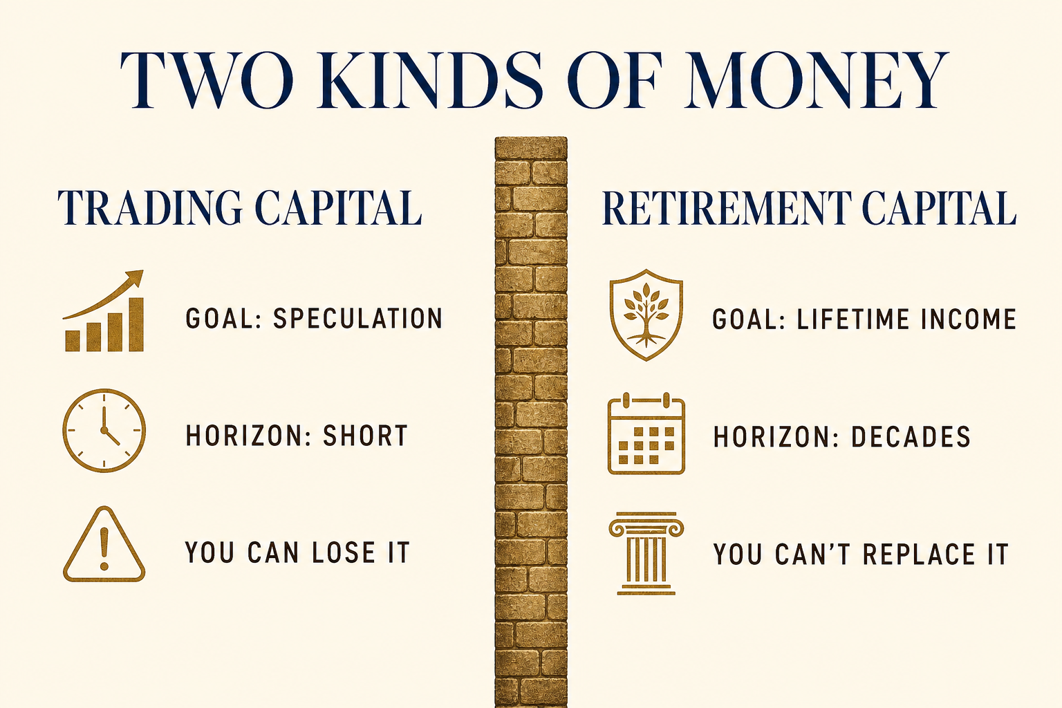 When Trading and Retirement Planning Should Never Mix 2 A comparison showing trading capital and retirement capital have different goals, time horizons, and tolerance for loss