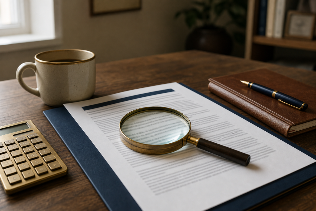 What an Expense Ratio Actually Costs You Over 30 Years 1 A magnifying glass over the fine print of a mutual fund document on a desk, with a calculator and notebook, illustrating hidden investment fees