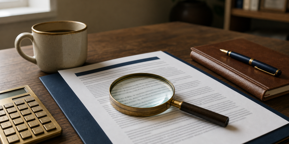 A magnifying glass over the fine print of a mutual fund document on a desk, with a calculator and notebook, illustrating hidden investment fees