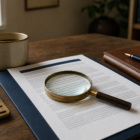 A magnifying glass over the fine print of a mutual fund document on a desk, with a calculator and notebook, illustrating hidden investment fees