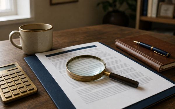 A magnifying glass over the fine print of a mutual fund document on a desk, with a calculator and notebook, illustrating hidden investment fees
