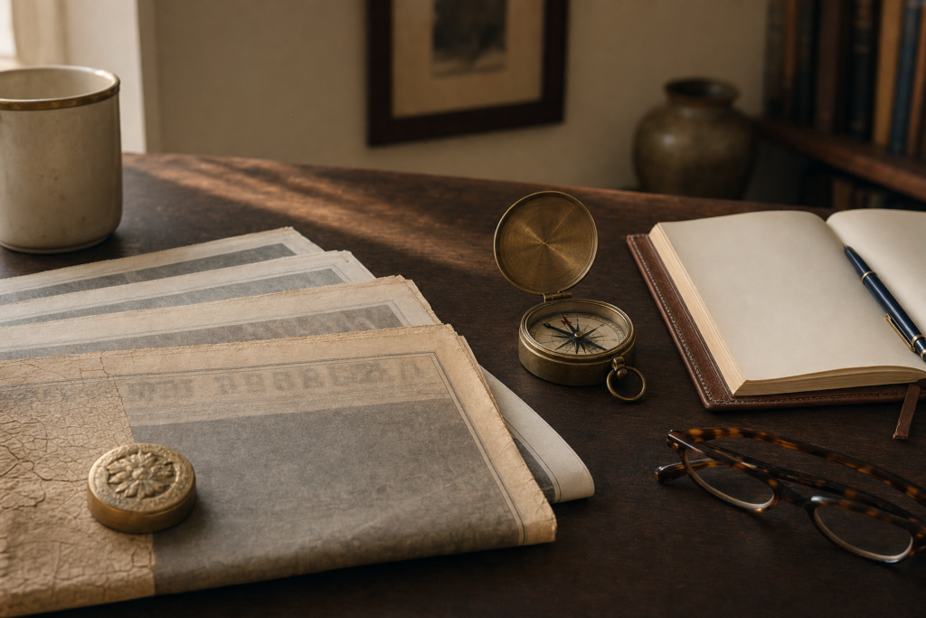 When 'This Time Is Different' Is Actually True (and When It Isn't) 1 Editorial still life on a warm walnut desk: folded vintage newspapers fanned out beside an open brass-cased compass, a leather notebook with a navy fountain pen, a brass-rimmed cream mug, and folded reading glasses, soft morning light from the left.