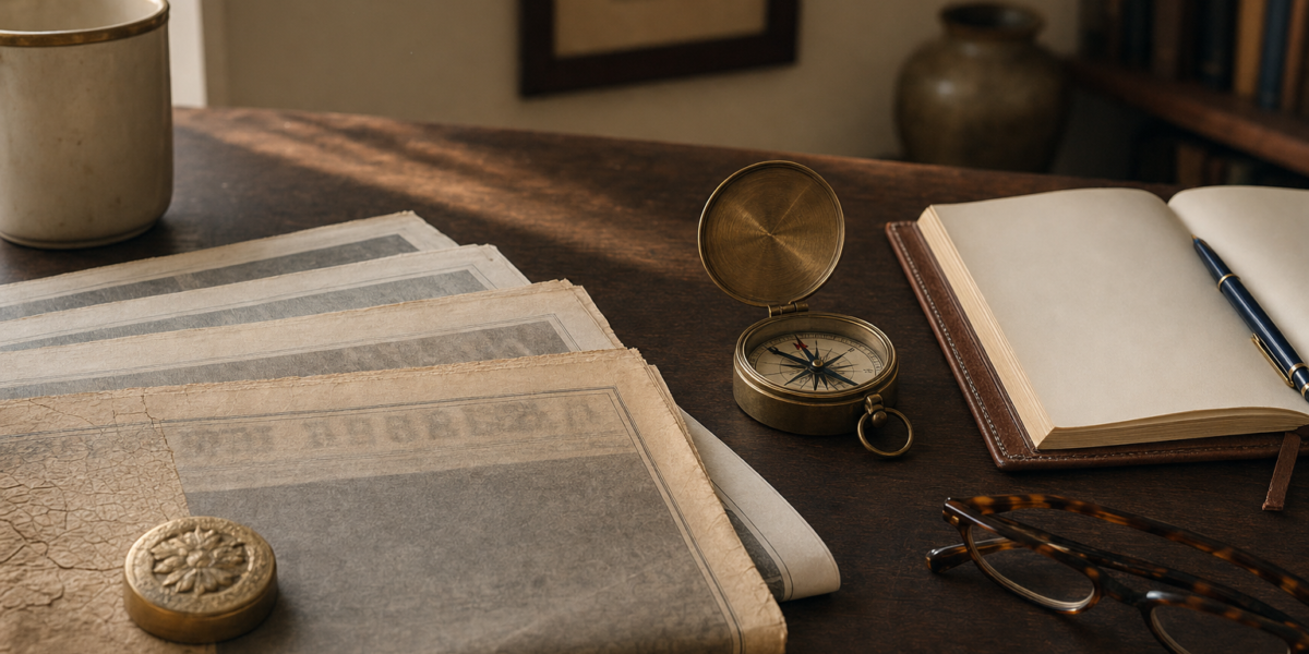 Editorial still life on a warm walnut desk: folded vintage newspapers fanned out beside an open brass-cased compass, a leather notebook with a navy fountain pen, a brass-rimmed cream mug, and folded reading glasses, soft morning light from the left.