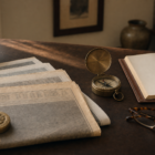 Editorial still life on a warm walnut desk: folded vintage newspapers fanned out beside an open brass-cased compass, a leather notebook with a navy fountain pen, a brass-rimmed cream mug, and folded reading glasses, soft morning light from the left.