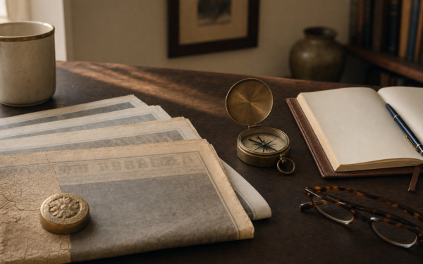 Editorial still life on a warm walnut desk: folded vintage newspapers fanned out beside an open brass-cased compass, a leather notebook with a navy fountain pen, a brass-rimmed cream mug, and folded reading glasses, soft morning light from the left.