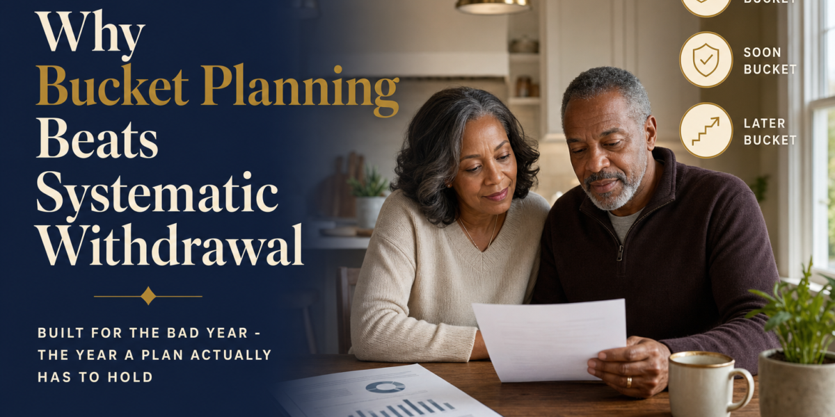 Editorial title card: Black couple in their early 60s at a sunlit kitchen table reviewing a one-page retirement plan together, navy headline panel reading 'Why Bucket Planning Beats Systematic Withdrawal' with three icon callouts for the Now, Soon, and Later buckets