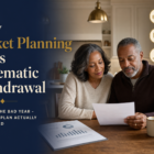 Editorial title card: Black couple in their early 60s at a sunlit kitchen table reviewing a one-page retirement plan together, navy headline panel reading 'Why Bucket Planning Beats Systematic Withdrawal' with three icon callouts for the Now, Soon, and Later buckets
