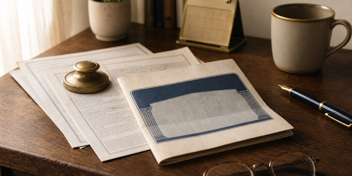 A folded Social Security statement, older documents, a brass paperweight, a desk calendar, reading glasses and a fountain pen on a wooden desk in warm morning light.