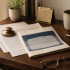 A folded Social Security statement, older documents, a brass paperweight, a desk calendar, reading glasses and a fountain pen on a wooden desk in warm morning light.