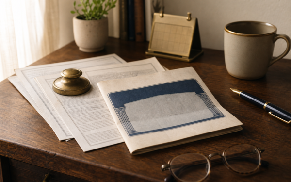 A folded Social Security statement, older documents, a brass paperweight, a desk calendar, reading glasses and a fountain pen on a wooden desk in warm morning light.