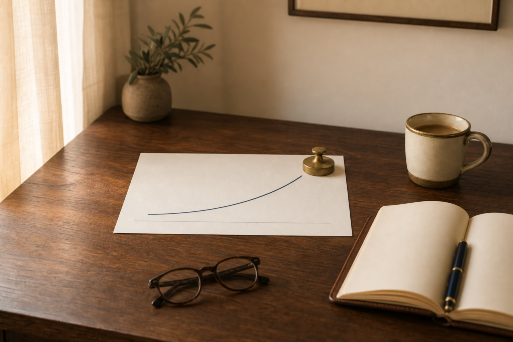A printed yield curve chart on a wooden desk with a brass paperweight, leather notebook, and a brass-rimmed coffee mug in soft morning light