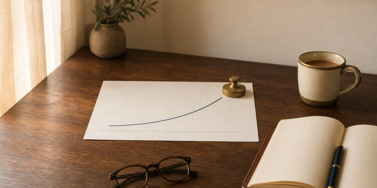 A printed yield curve chart on a wooden desk with a brass paperweight, leather notebook, and a brass-rimmed coffee mug in soft morning light
