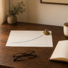 A printed yield curve chart on a wooden desk with a brass paperweight, leather notebook, and a brass-rimmed coffee mug in soft morning light