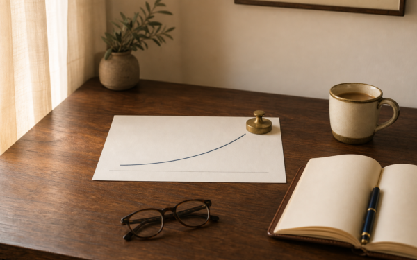 A printed yield curve chart on a wooden desk with a brass paperweight, leather notebook, and a brass-rimmed coffee mug in soft morning light
