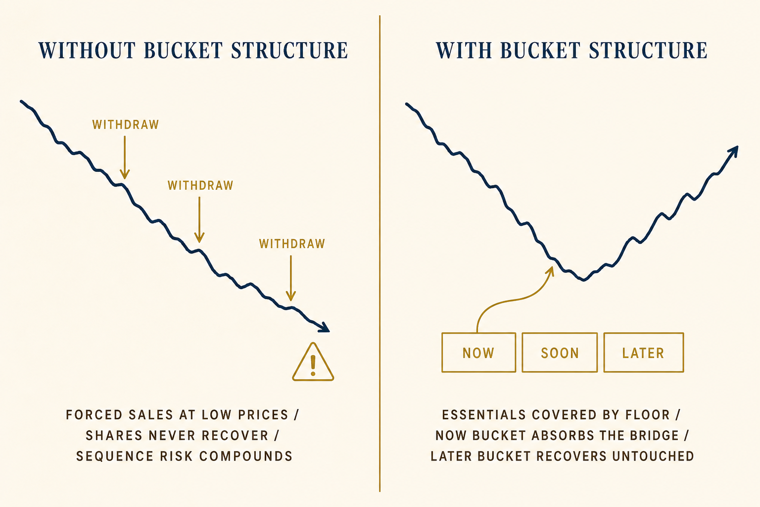 The Retirement Red Zone: The Decade That Decides How Your Plan Actually Holds 2 Two-column editorial infographic comparing what happens during a red-zone drawdown without bucket structure (forced sales at low prices) versus with bucket structure (Now bucket absorbs the bridge, Later bucket recovers untouched).