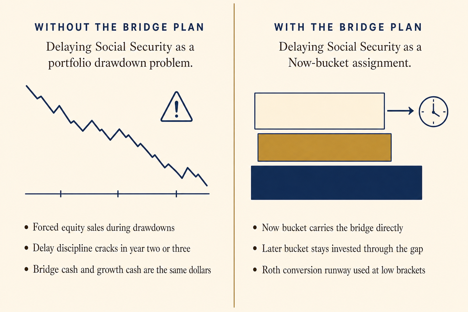 Bucket Planning and Social Security Delay: The Bridge Years Problem 2 Two-column editorial comparison: Without the Bridge Plan vs With the Bridge Plan, showing forced equity sales during drawdowns on the left and a Now bucket carrying the bridge directly while the Later bucket stays invested on the right.